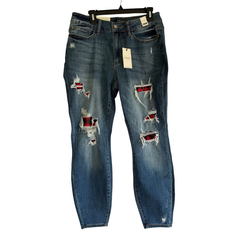 Judy Blue 14W Peek Of Plaid Skinny Jeans Mid Rise Distressed Dark Blue JB88316